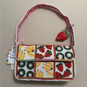 India Beaded Bag Colorful Fruits Banana Strawberry Kiwi w/ Strawberry Bag Charm